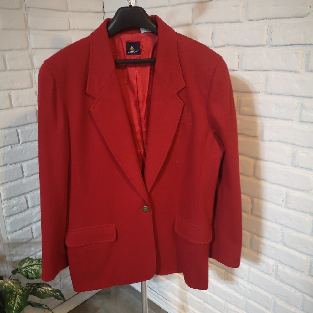 Liz Sport Ladies Size 14 Red 100% Wool Fully Lined 1 Button Closure Blazer